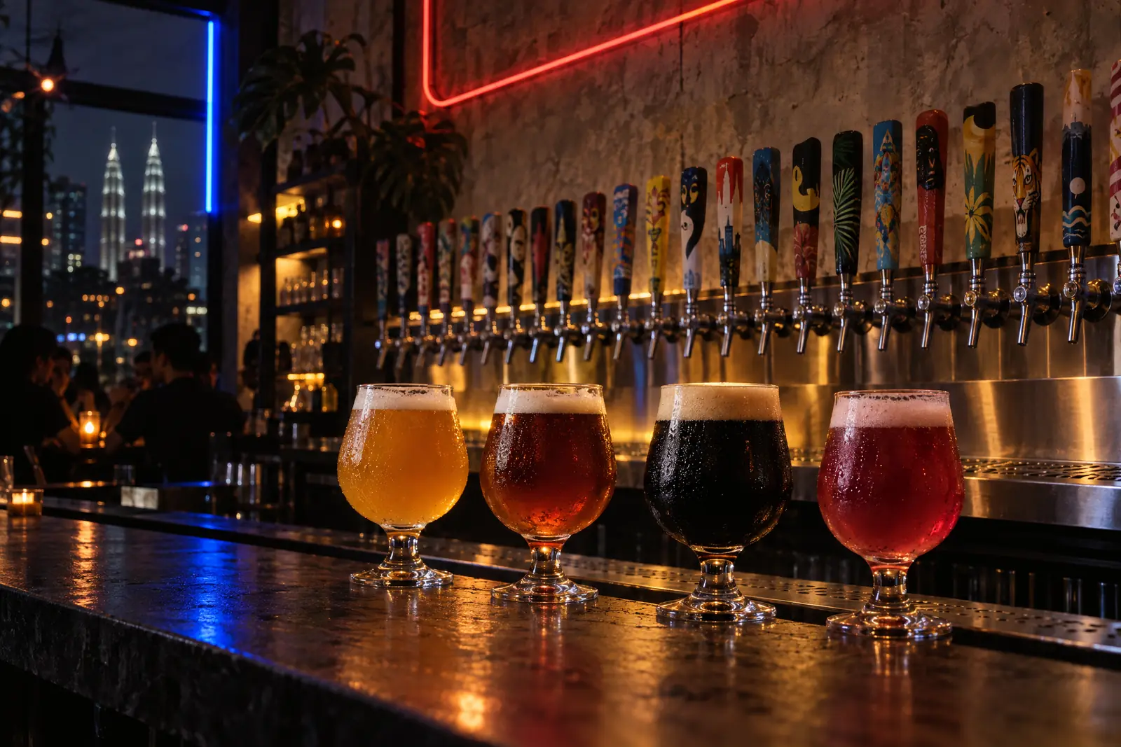 Concept render: a wall of colourful craft beer tap handles above four glasses of beer