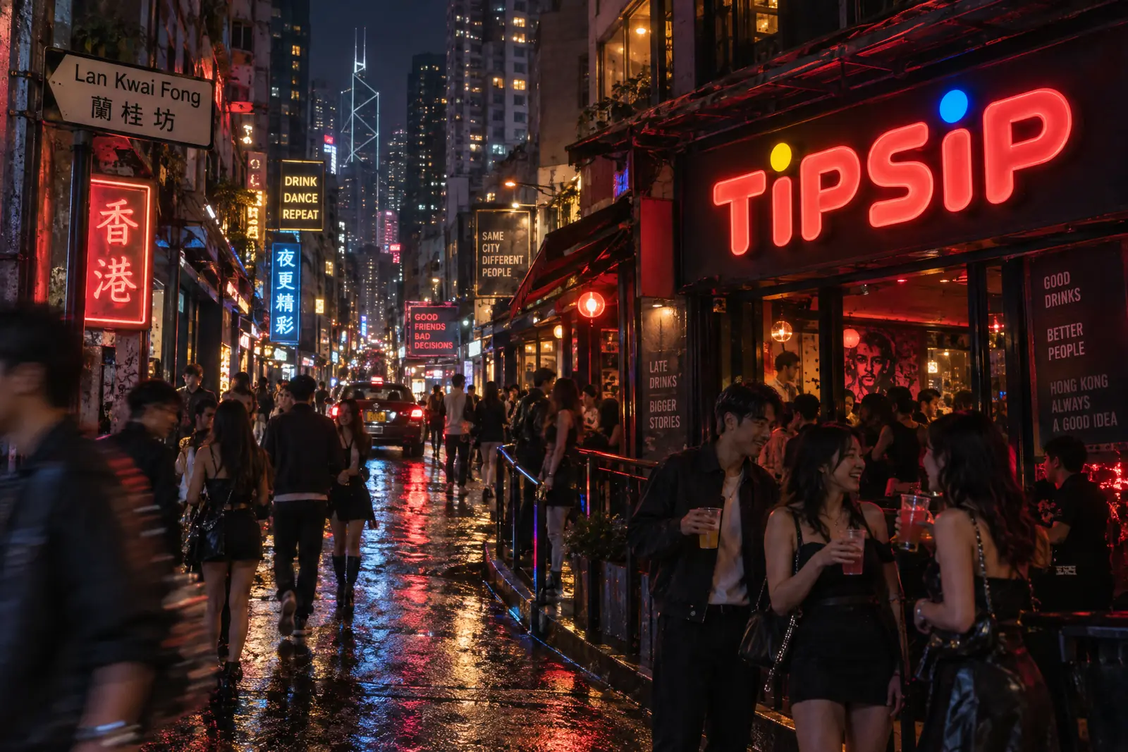 Concept render: a TipSip neon sign on a rainy Lan Kwai Fong street at night